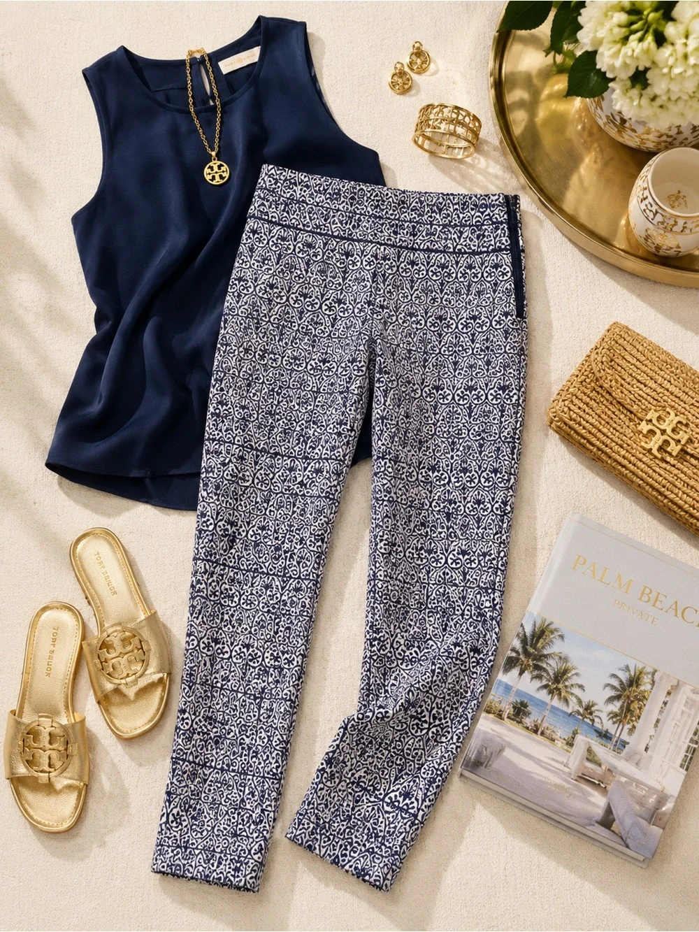 TORY BURCH Heidi Blue White Jacquard Stretch Pant Coastal Office Preppy Classic